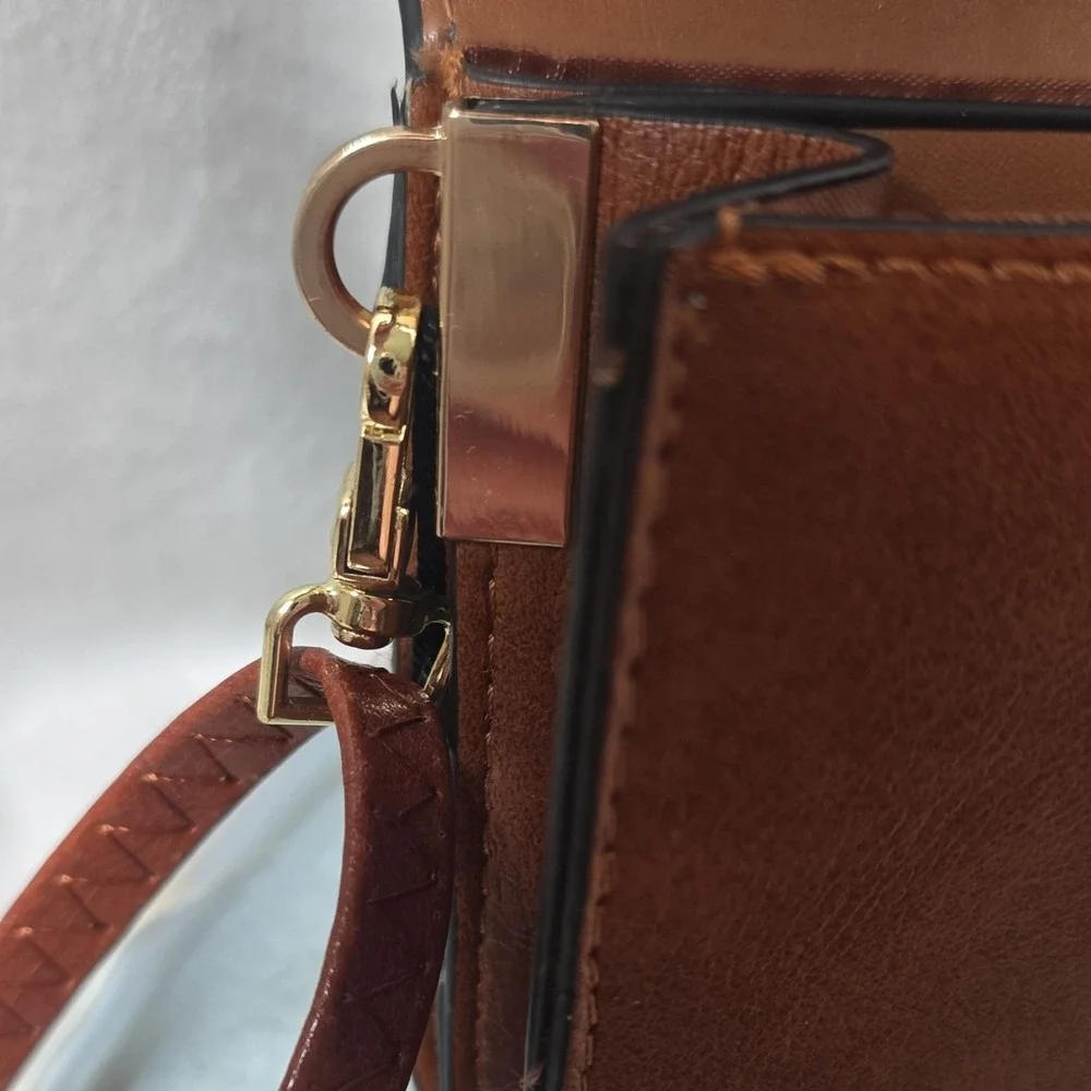 Crossbody Brown Gold Hardware Top Handle Satchel with Detachable Strap & Clasp
